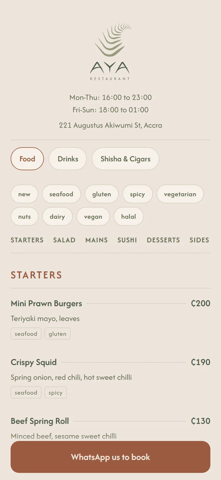 AYA's menu: the AYA mark, hours Monday to Thursday 16:00 to 23:00 and Friday to Sunday 18:00 to 01:00, tabs for Food, Drinks and Shisha and Cigars, diet filters, then Starters with prices.