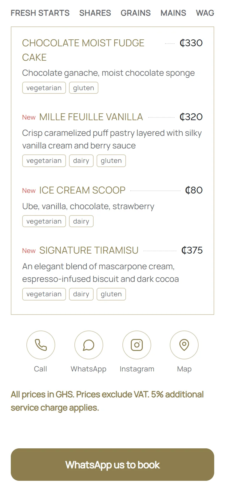 The end of KLAP's menu: the last desserts with their prices and diet tags, then a row of Call, WhatsApp, Instagram and Map buttons, the line All prices in GHS, prices exclude VAT, 5% additional service charge applies, and the WhatsApp us to book bar.