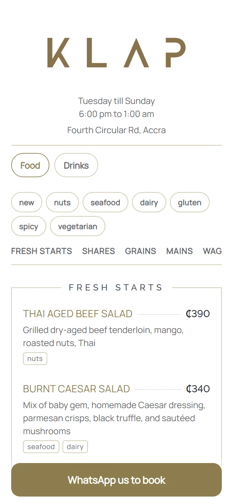 KLAP's menu: the KLAP wordmark, Tuesday till Sunday 6:00 pm to 1:00 am, Fourth Circular Rd, Accra, tabs for Food and Drinks, then Fresh Starts with Thai Aged Beef Salad and Burnt Caesar Salad.