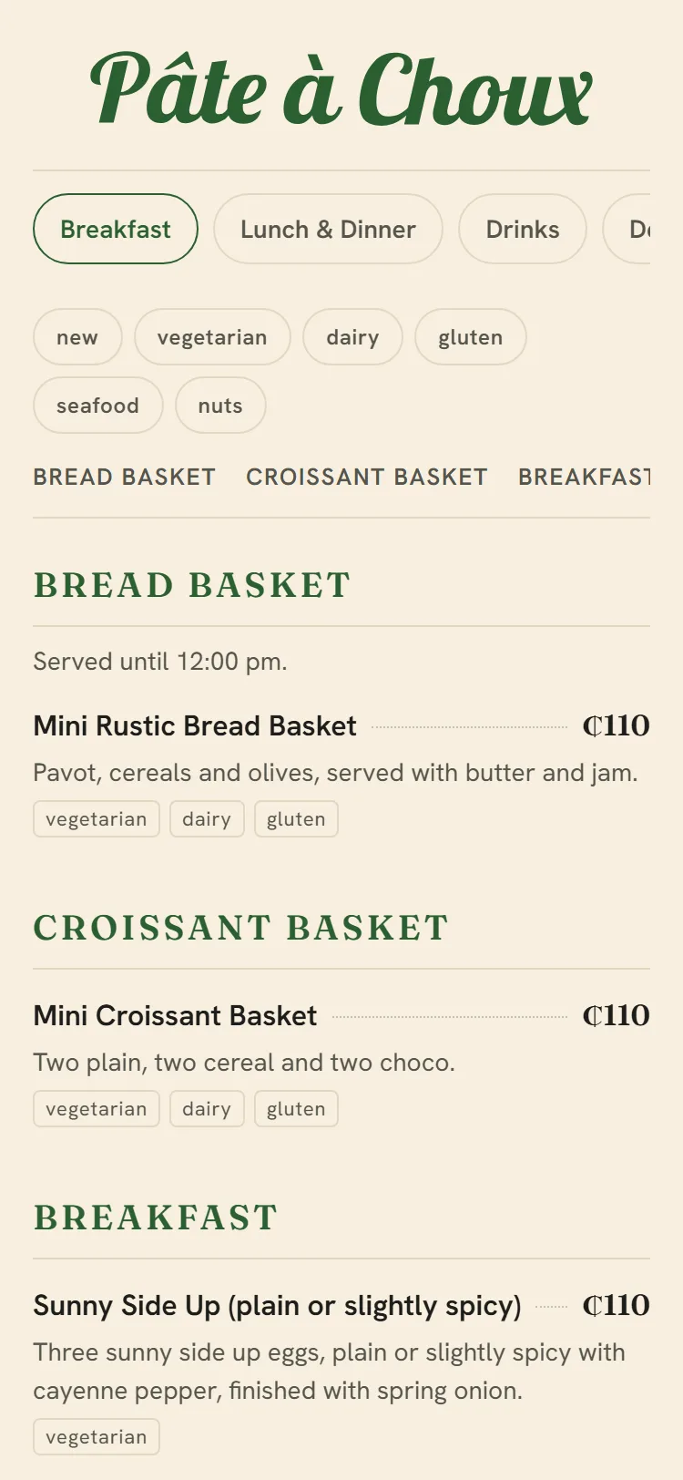 Pâte à Choux's menu: the green script wordmark, tabs for Breakfast, Lunch and Dinner and Drinks, then Bread Basket served until 12:00 pm and Croissant Basket with prices.