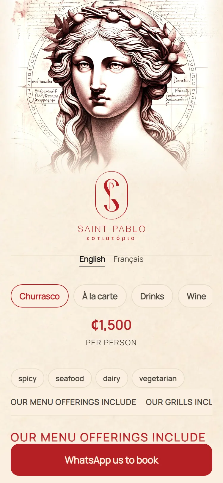 Saint Pablo's menu: a drawn Greek head on paper, the Saint Pablo monogram, English and French, tabs for Churrasco, À la carte, Drinks and Wine, GH₵1,500 per person.