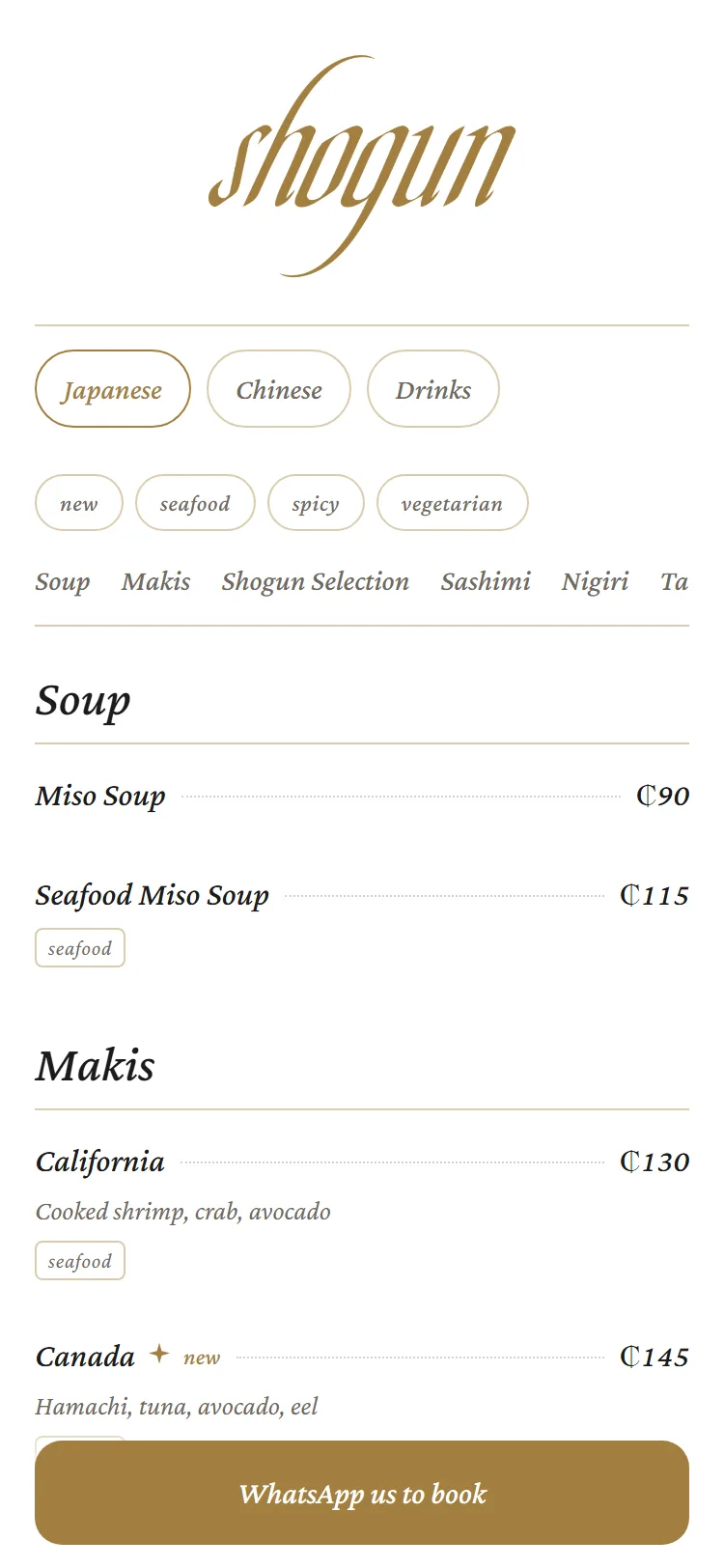 Shogun's menu on a phone: the Shogun wordmark in gold, tabs for Japanese, Chinese and Drinks, filters for new, seafood, spicy and vegetarian, then Soup and Makis with prices in cedis.