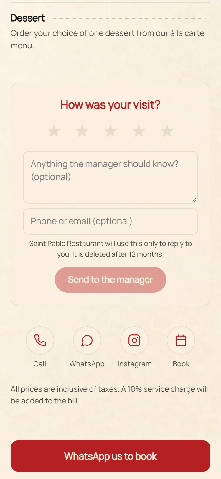The end of Saint Pablo's menu on their paper: How was your visit?, five stars, a box for anything the manager should know, phone or email optional, a Send to the manager button, then Call, WhatsApp, Instagram and Book buttons, the line All prices are inclusive of taxes, a 10% service charge will be added to the bill, and the WhatsApp us to book bar.